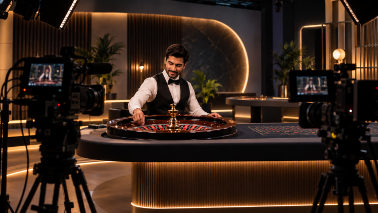 Live roulette table in a modern casino streaming studio 